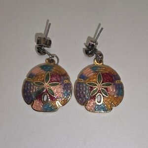 Vintage Cloisonné Sand Dollar Earrings – 1970s Gold Tone
